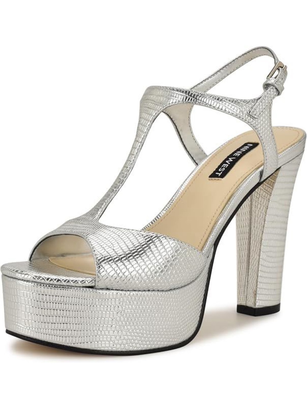 Nine West Women's Naini Heeled Sandal, Silver Lizard size 8.5 New in box!